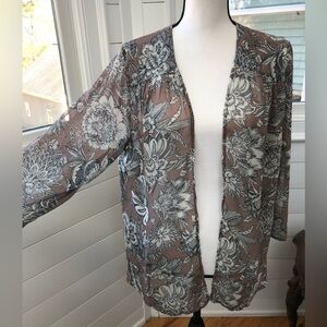 Audrey 3+1 Brown and White Floral Sheer Open Front Kimono Top